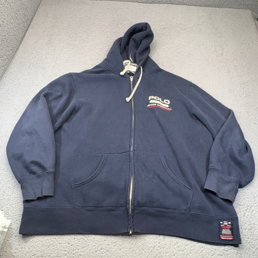 Polo Ralph Lauren Hoodie Mens XXL Blue Full Zip Fleece Jeans Co USA Flag Pockets